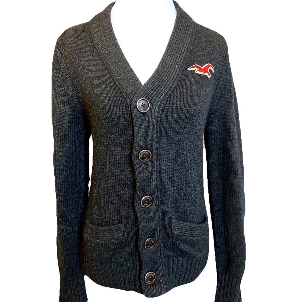 Vtg Y2K Hollister Cardigan Varsity WOOL Sweater Womens S Knit Big Bird Logo 90s